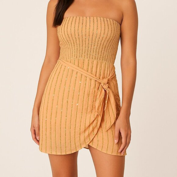 Sundress Dresses & Skirts - Sundress Peach Gold Sequin Strapless Smocked Mini Dress XS/S NWT